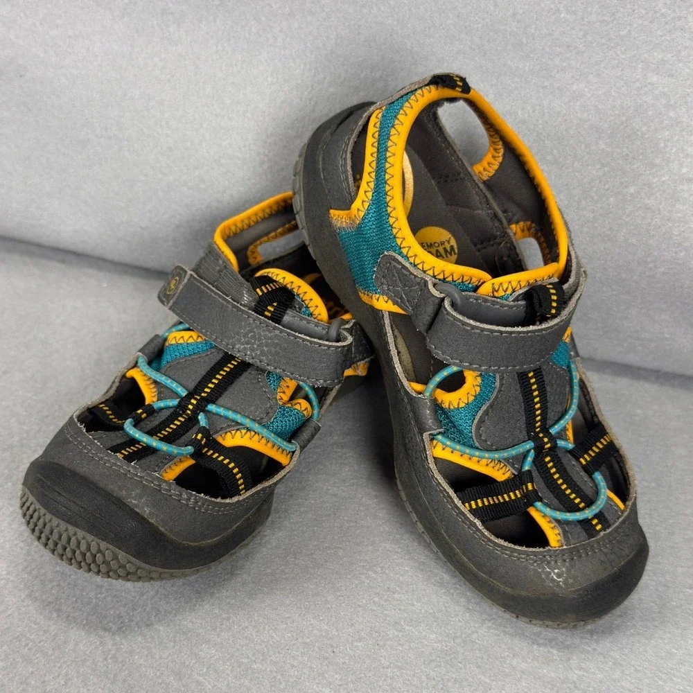 Stride Rite 9.5 Closed Toe Water Sandals Grey Teal Orange Memory Foam Sporty